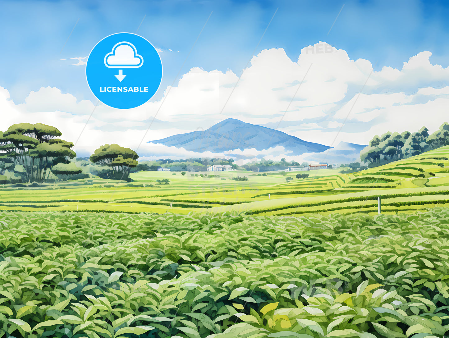 Green Field With Trees And Mountains In The Background