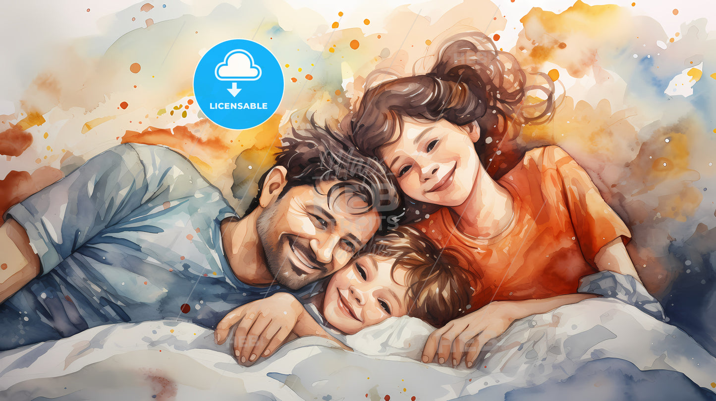 Man And Two Children Lying On A Bed