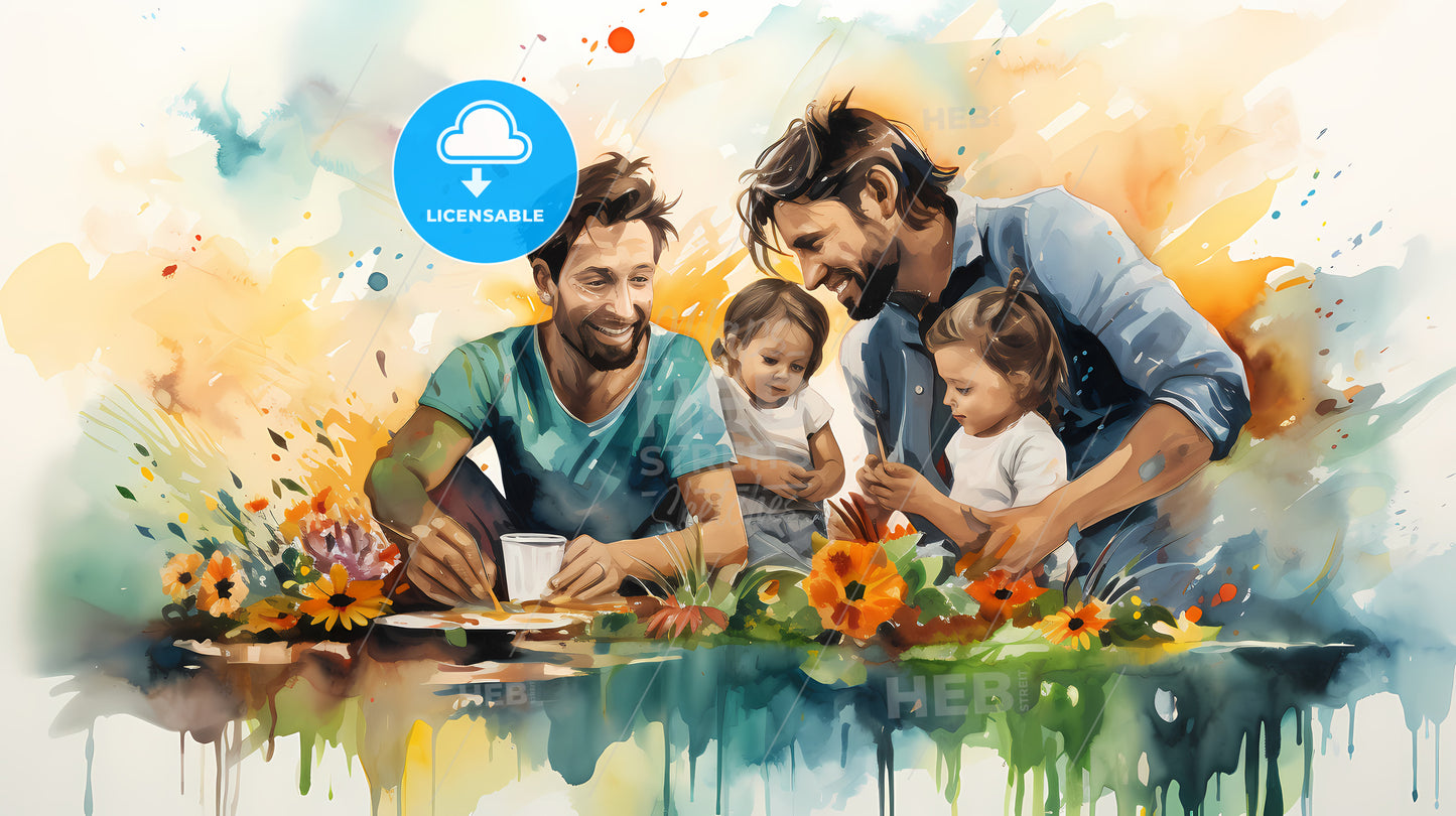 Man And Two Children Sitting Around A Table With Flowers