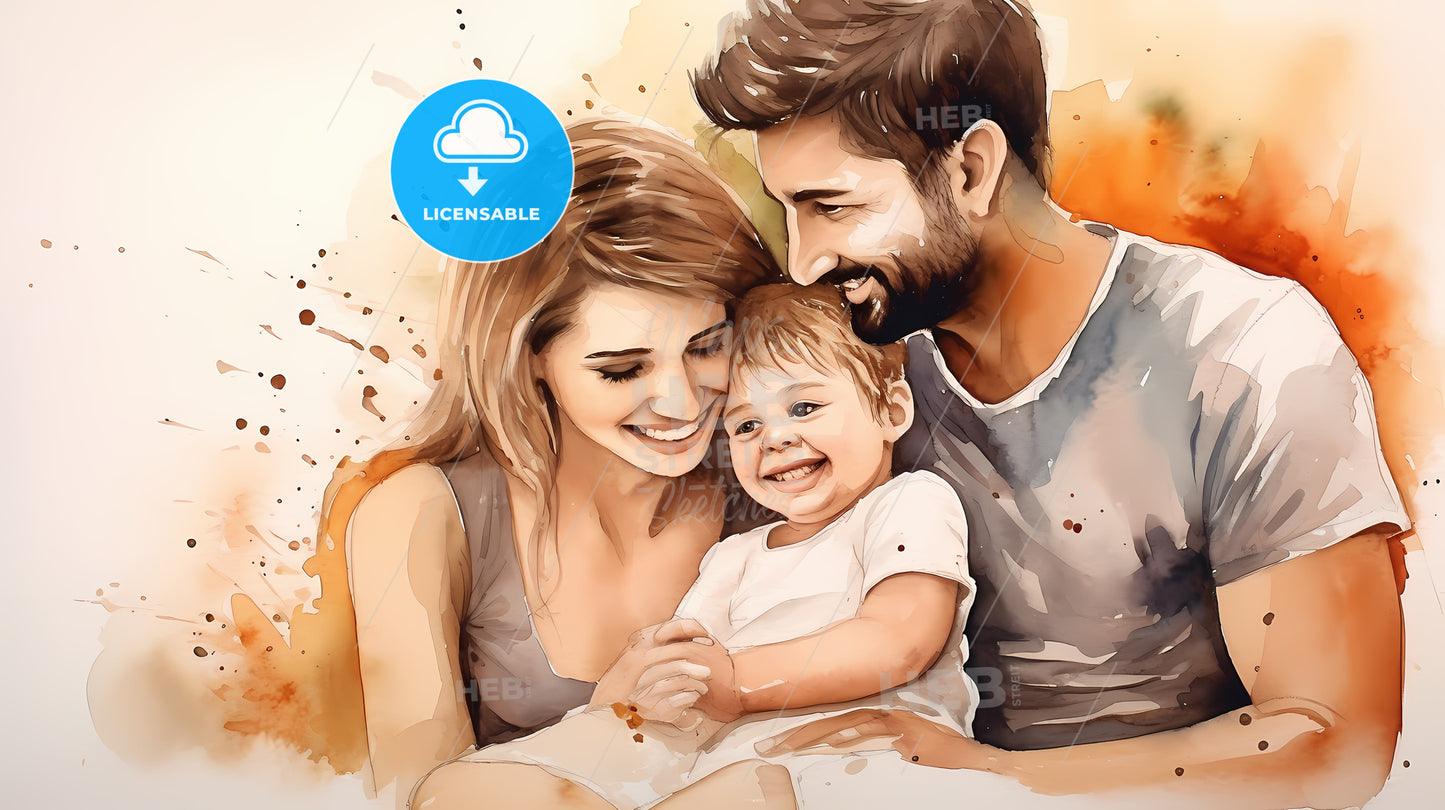 Watercolor Of A Family Holding A Baby