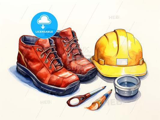 Watercolor Painting Of A Pair Of Boots And A Hard Hat