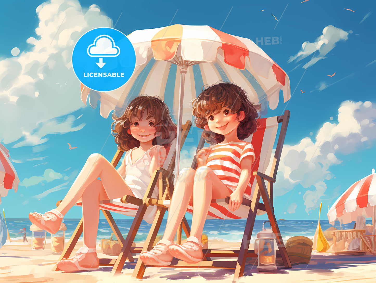 Couple Of Girls Sitting In Chairs Under An Umbrella On A Beach