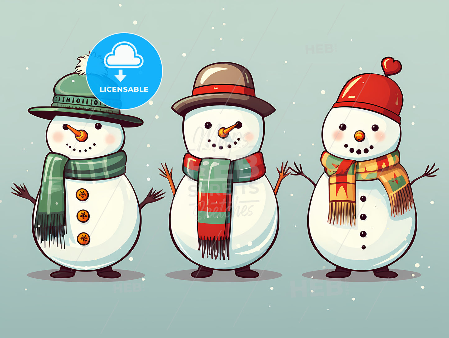 Group Of Snowmen Wearing Hats And Scarves