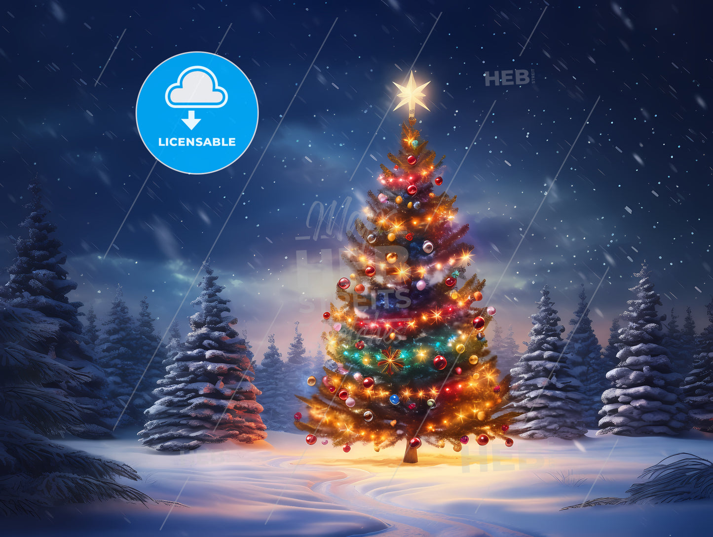 Christmas Tree With Lights And A Star In The Middle Of A Snowy Forest