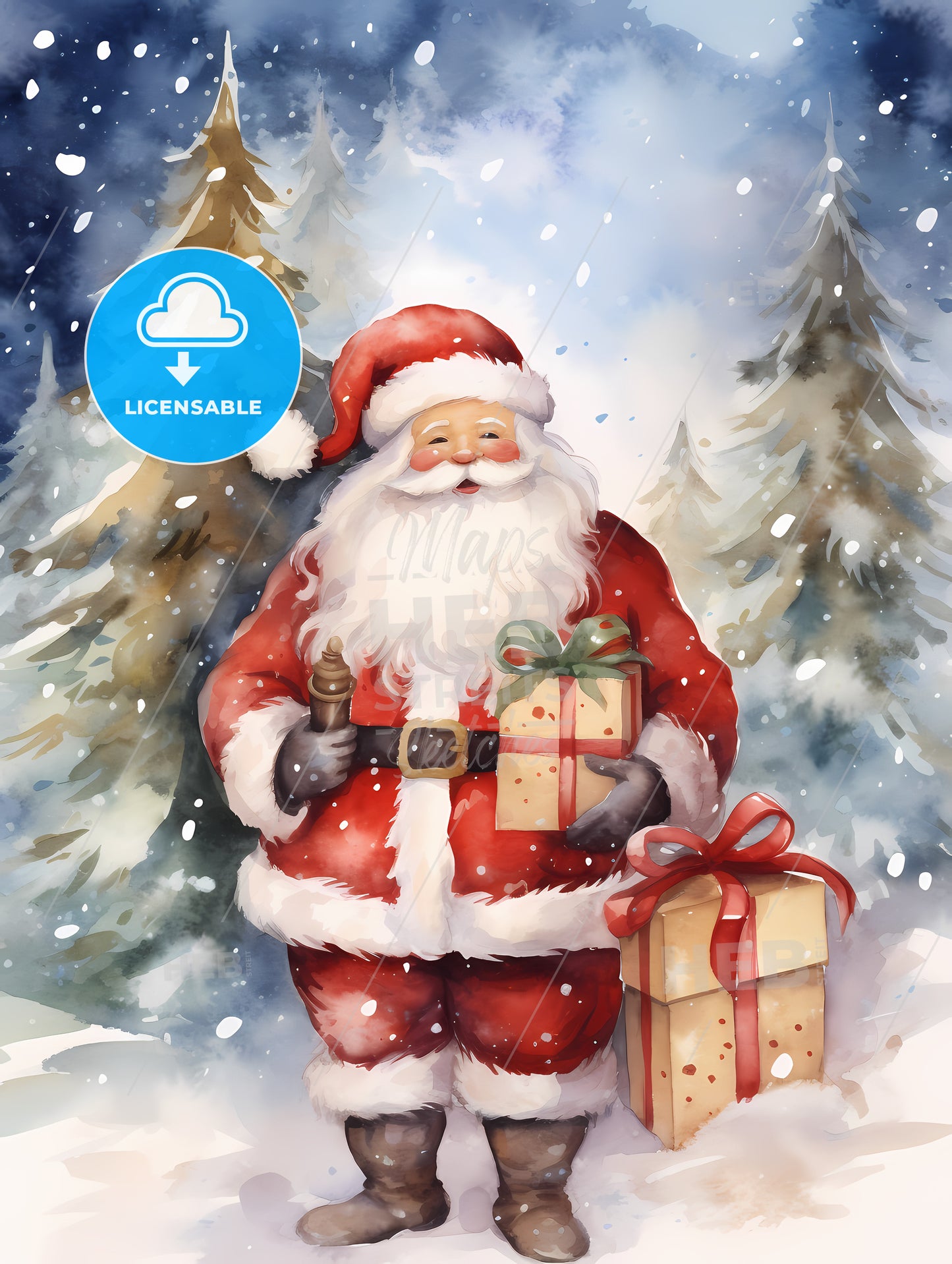 Watercolor Of A Santa Holding A Present In The Snow