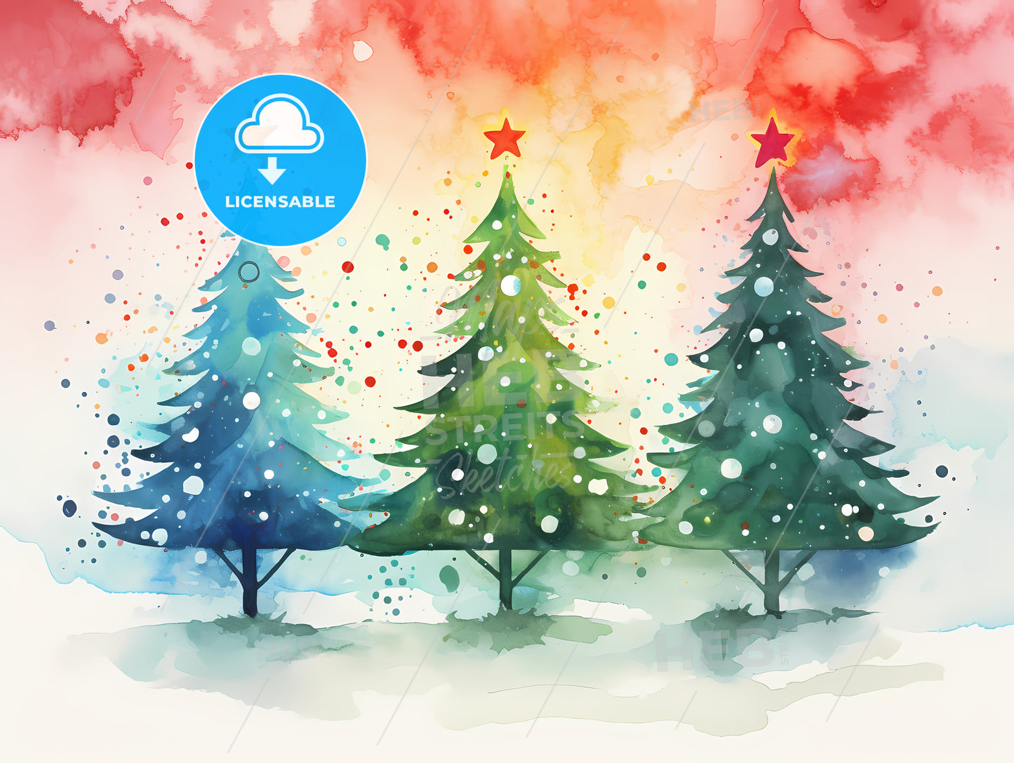 Watercolor Painting Of Trees With Stars