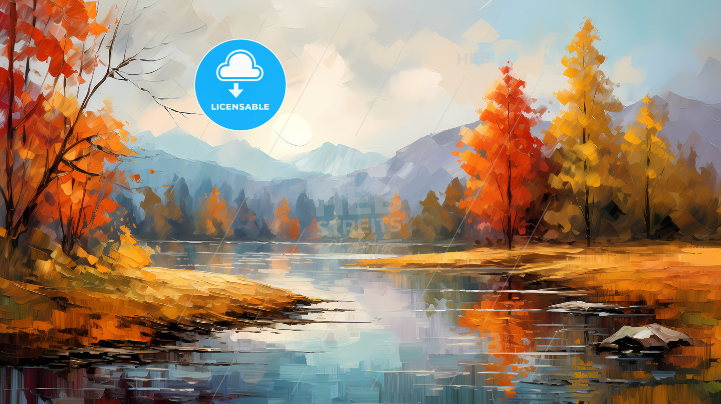 Painting Of A Lake With Trees And Mountains In The Background