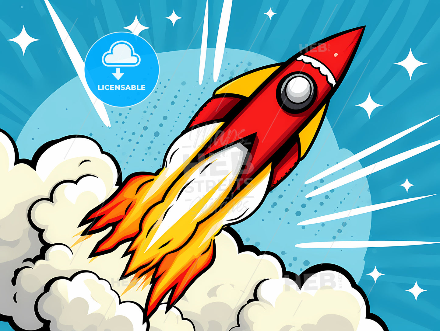 Cartoon Rocket Ship Flying Through Clouds