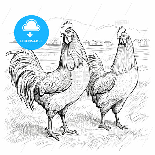 Black And White Drawing Of Two Roosters