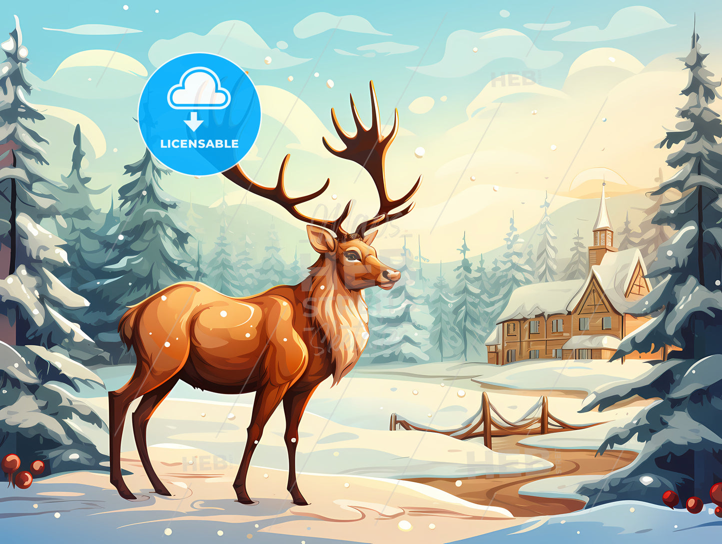 Cartoon Of A Deer In A Snowy Landscape