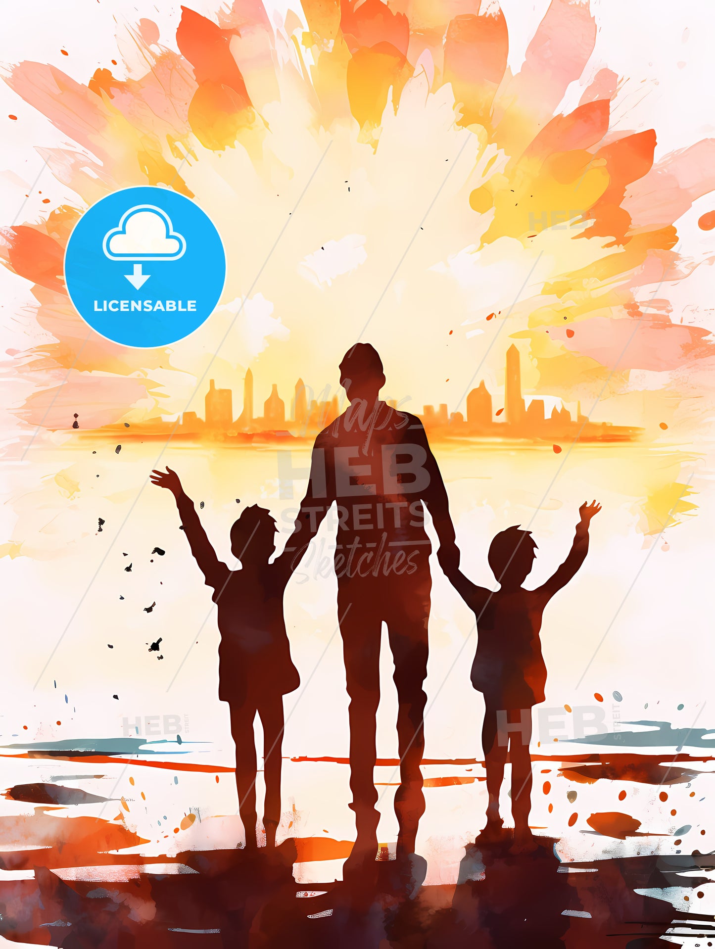 Man And Two Children Standing On A Beach With A Sun Behind Them