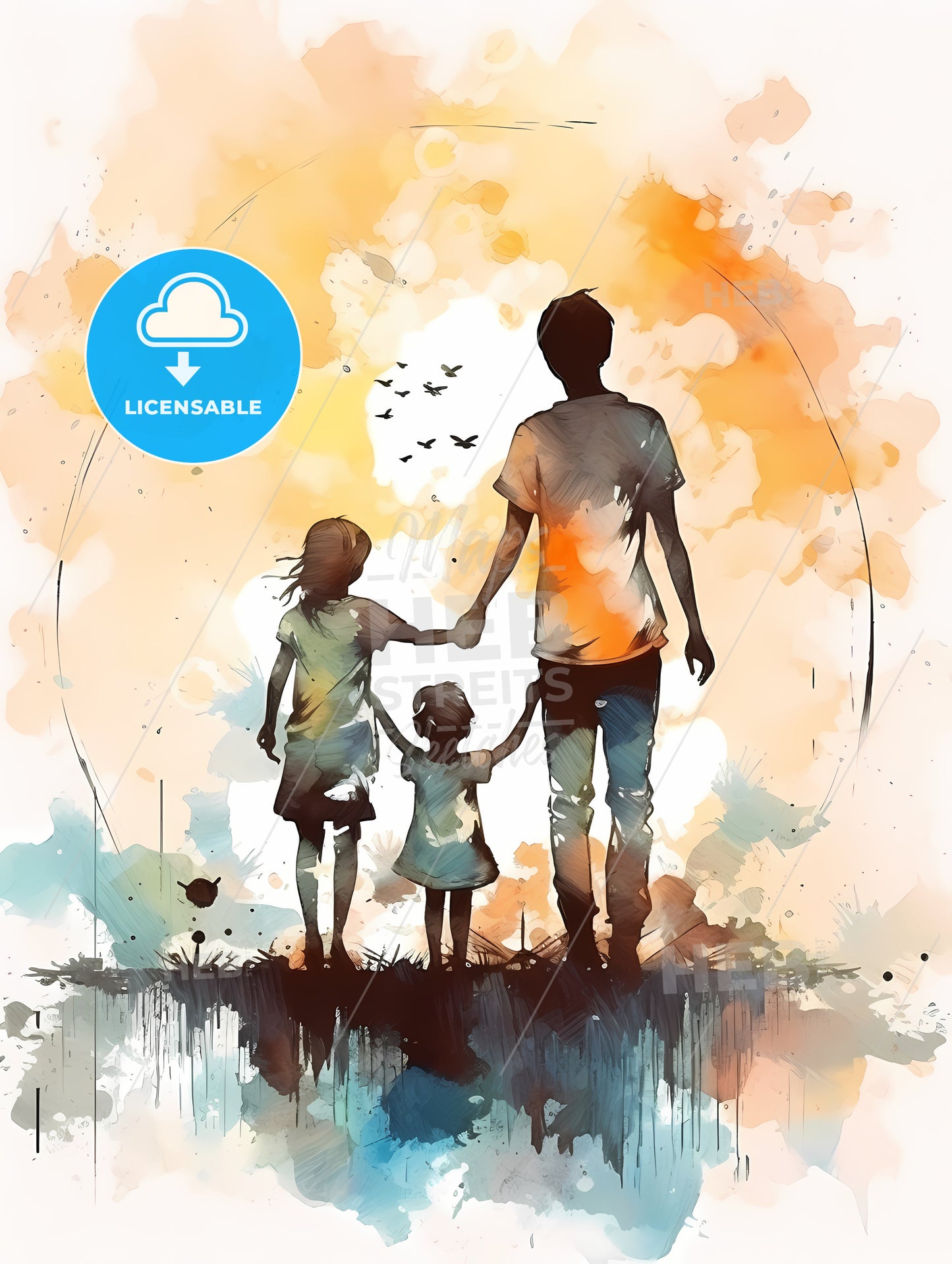 Man And Two Children Holding Hands