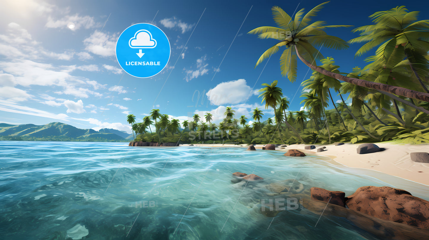 Beach With Palm Trees And Rocks