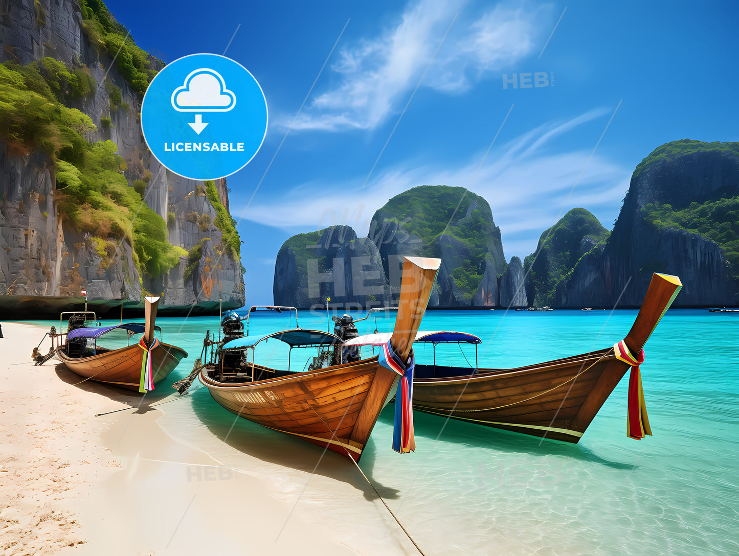 Boats On A Beach With A Couple Of Boats With Phi Phi Islands In The Background