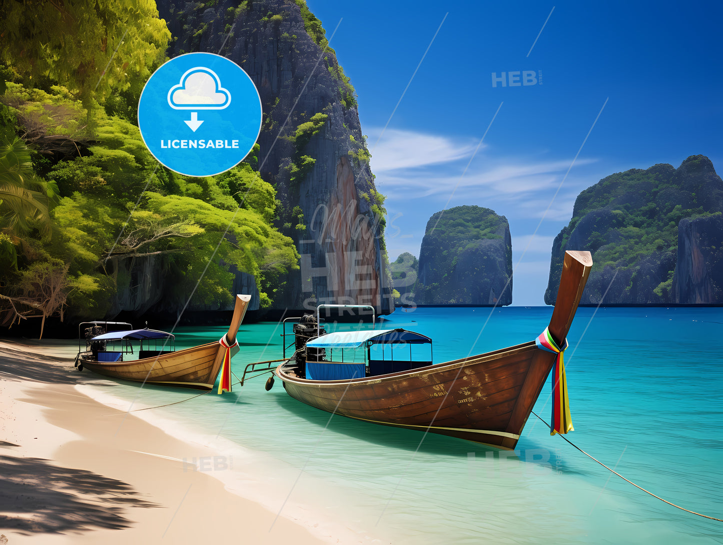 Boats On A Beach With A Couple Boats With Phi Phi Islands In The Background