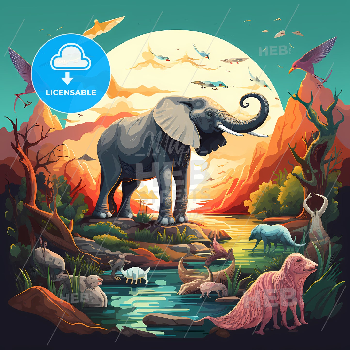 An Elephant And Animals In A River