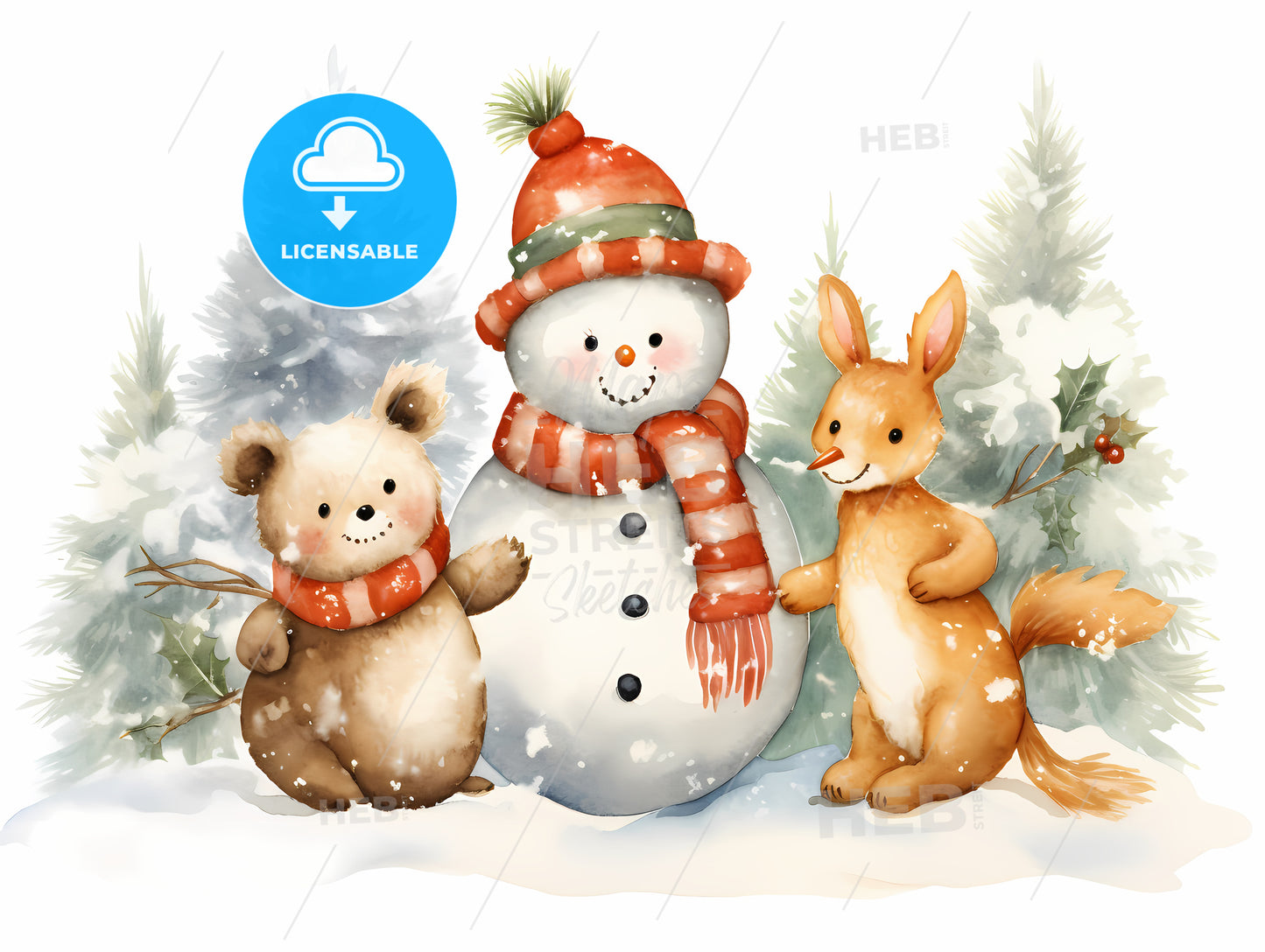 Watercolor Of A Snowman And A Fox