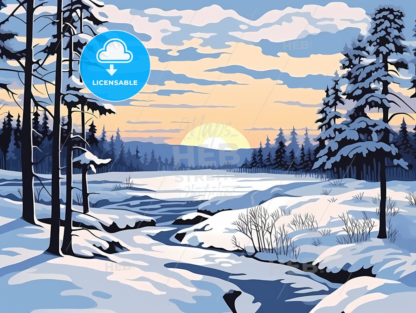 Snowy Landscape With Trees And A River