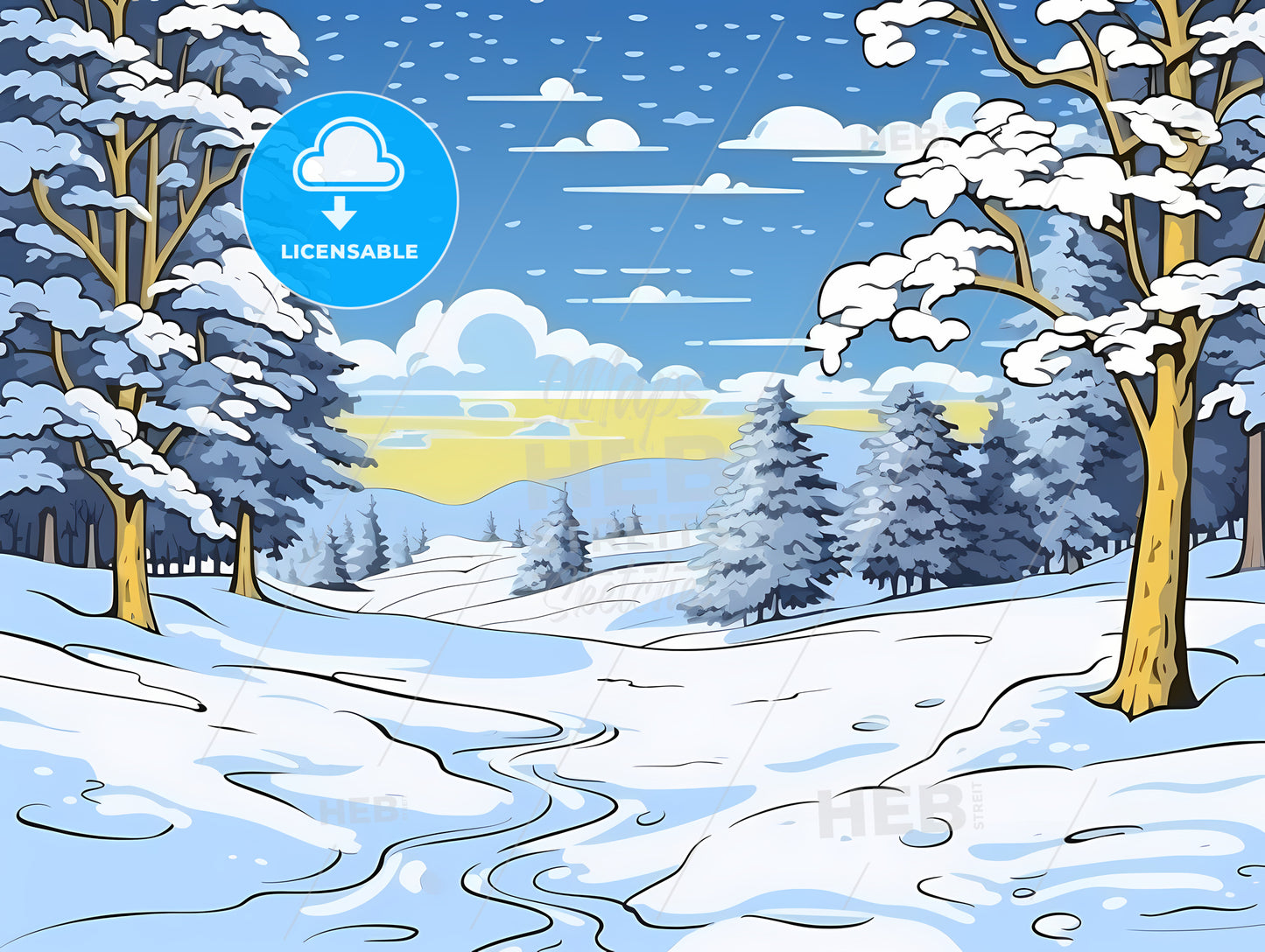 Snowy Landscape With Trees And A Blue Sky