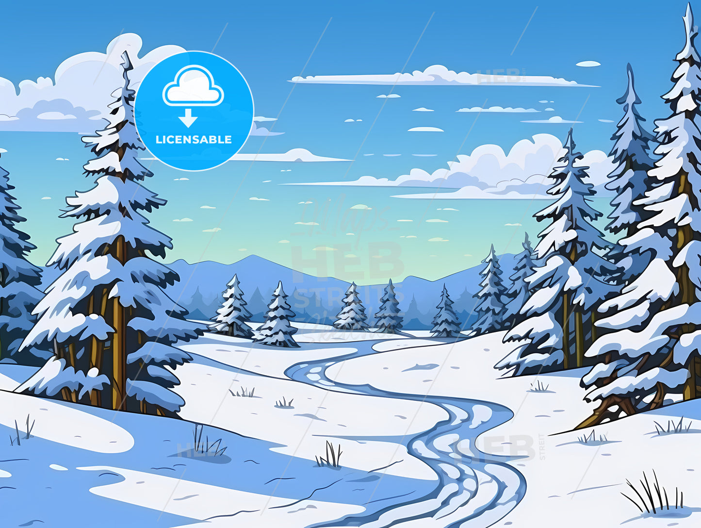 Snowy Landscape With Trees And A Path