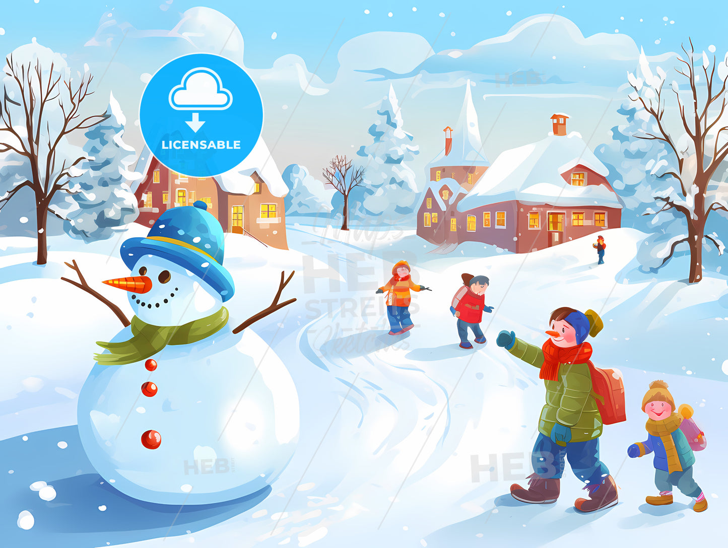 Snowman And Kids Playing In The Snow