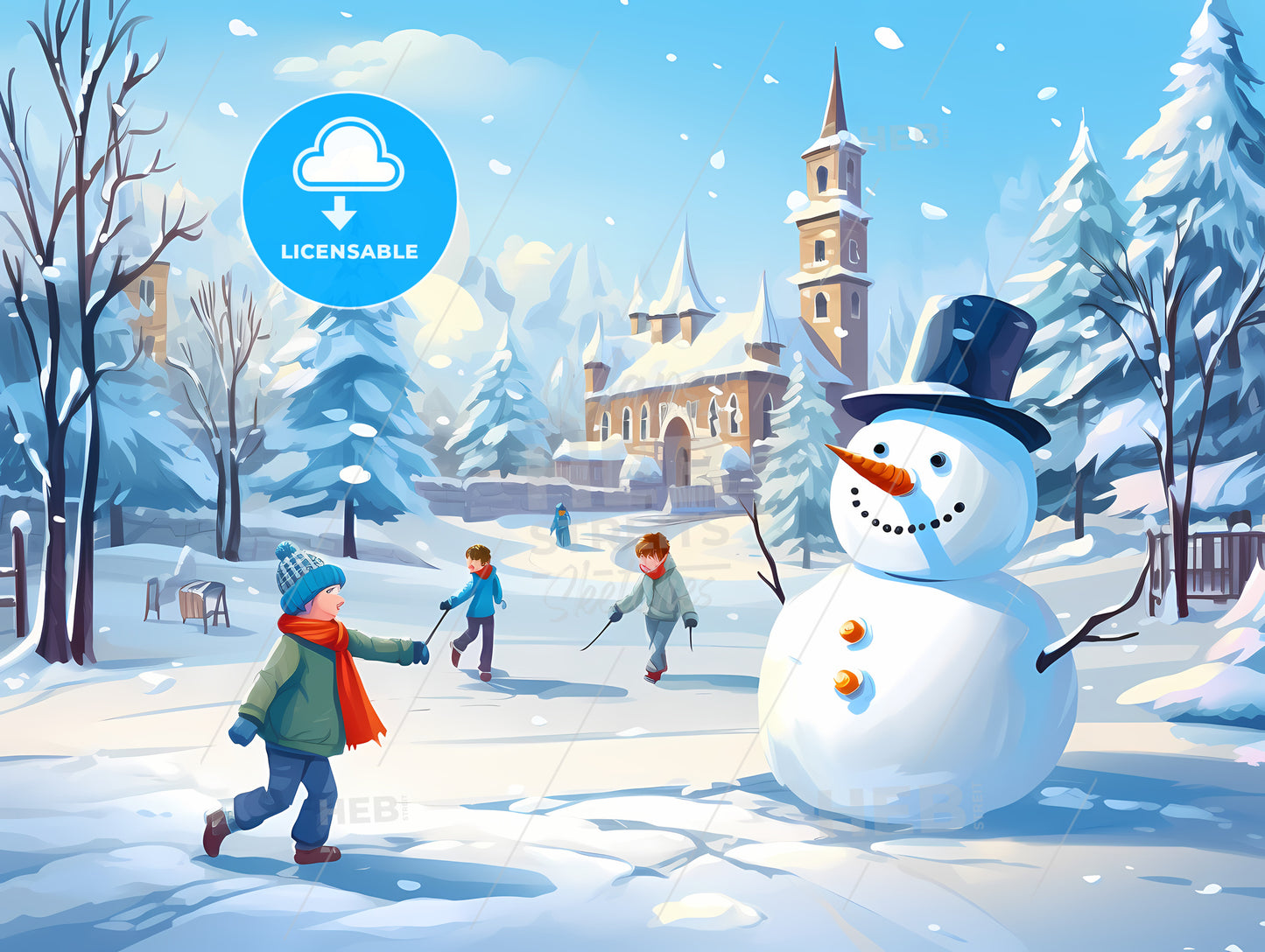 Snowman And Kids Playing In The Snow