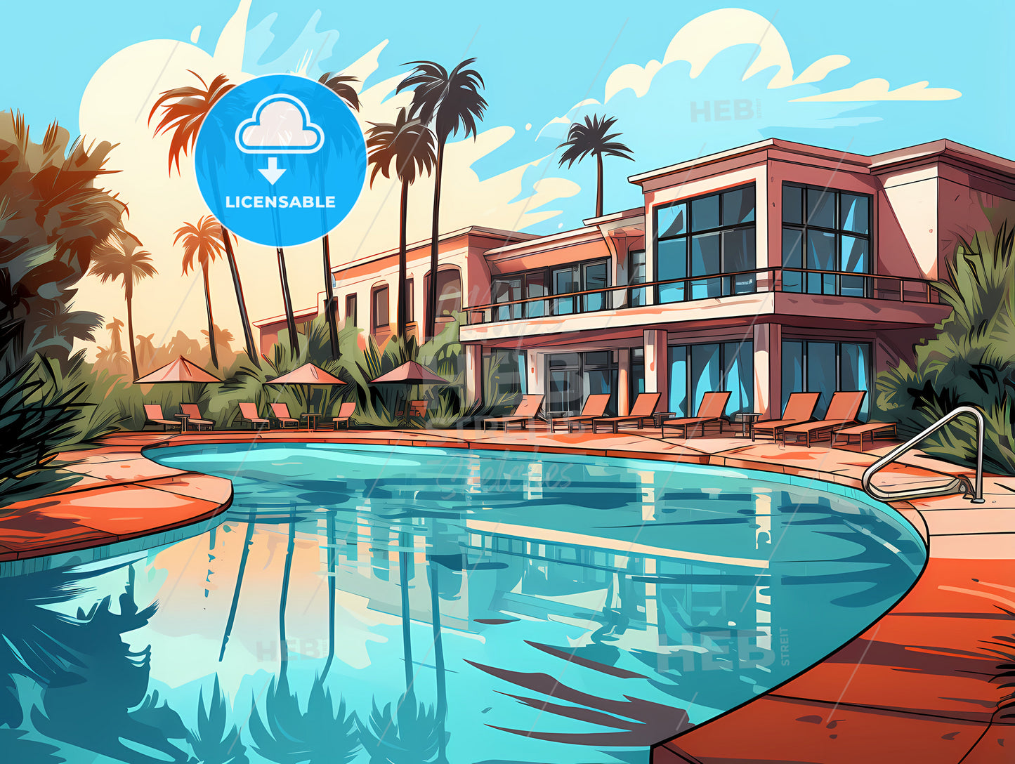 Pool With Lounge Chairs And Palm Trees