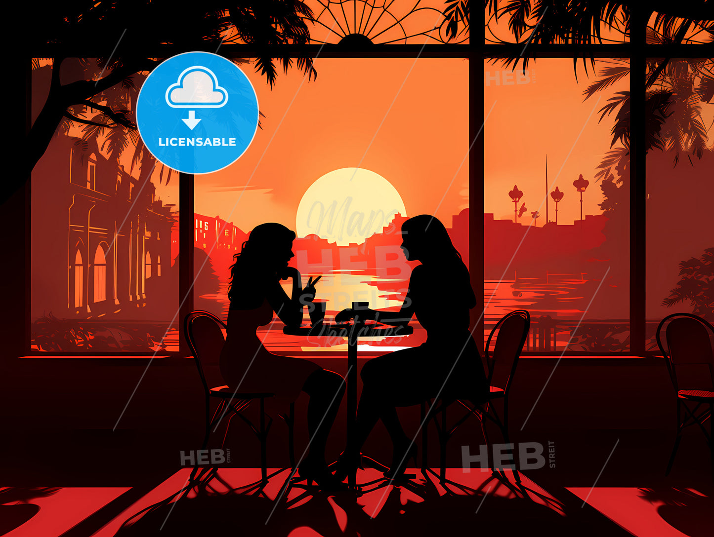 Silhouette Of Two Women Sitting At A Table With A Sunset In The Background