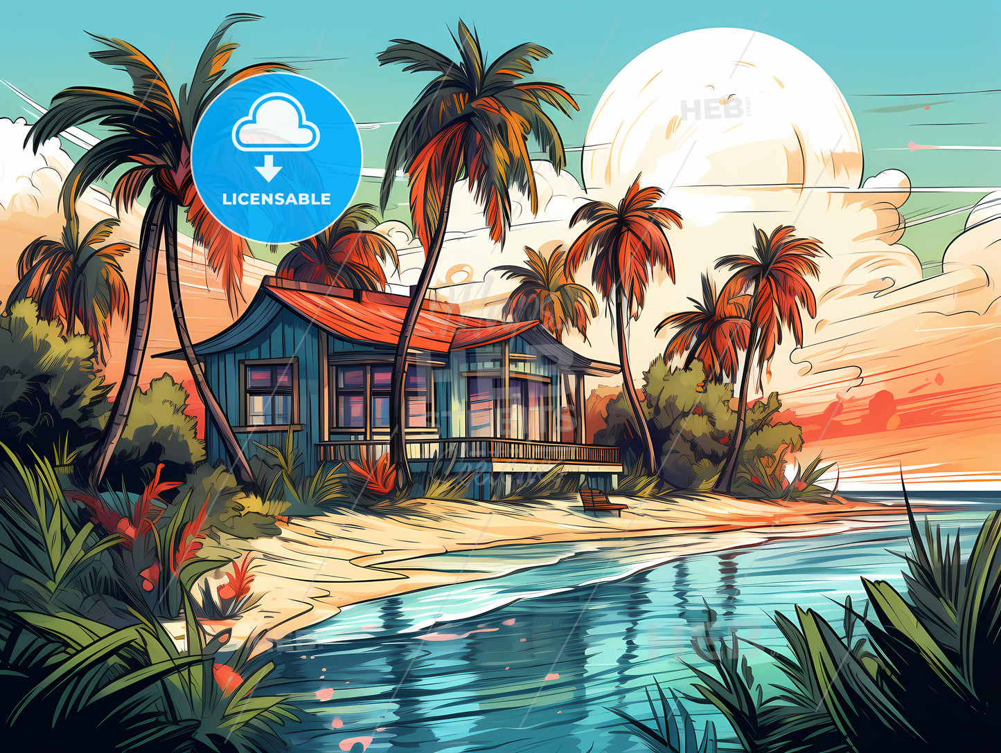 House On A Beach With Palm Trees