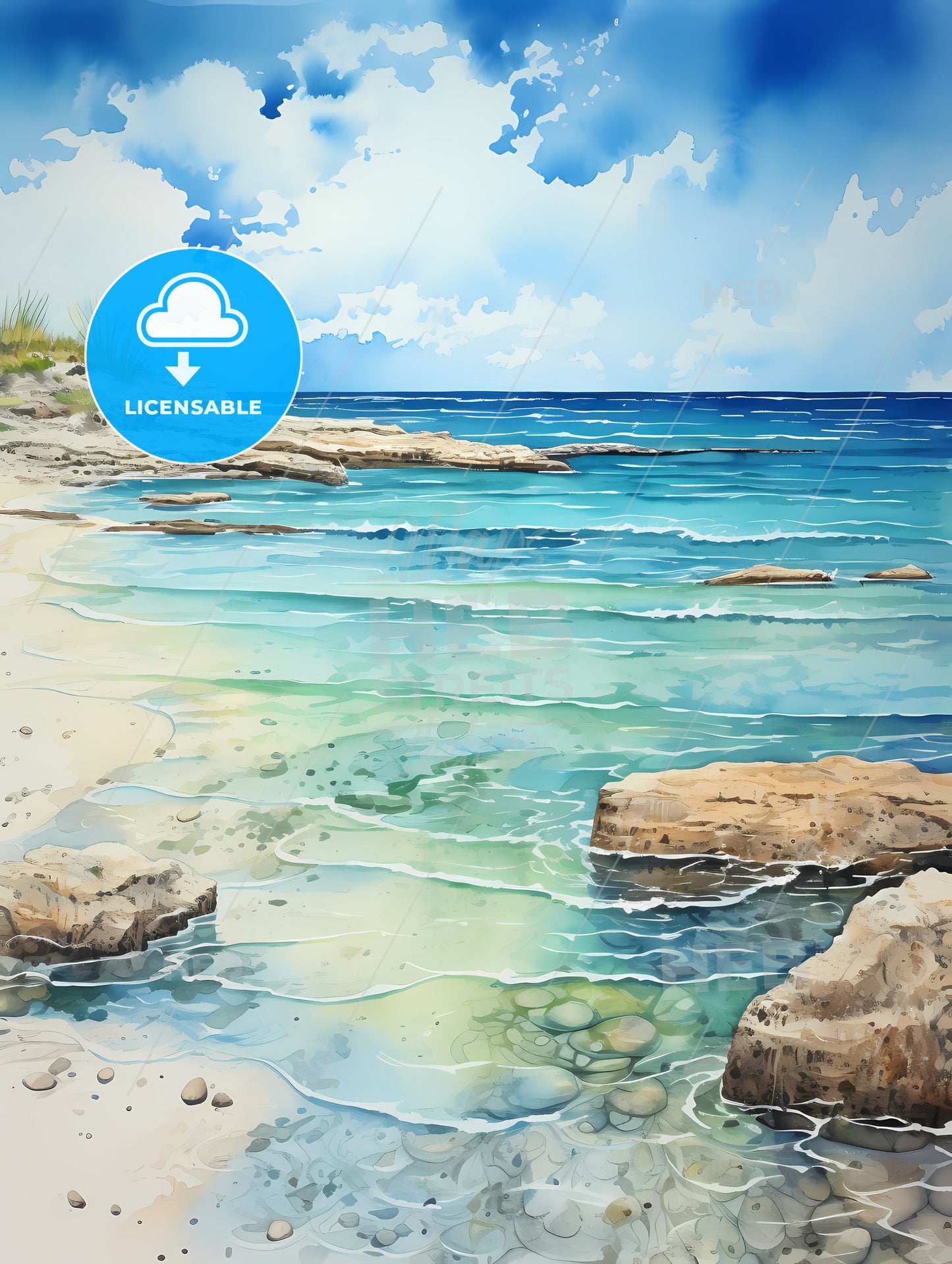 Water Painting Of A Beach With Rocks And Blue Water