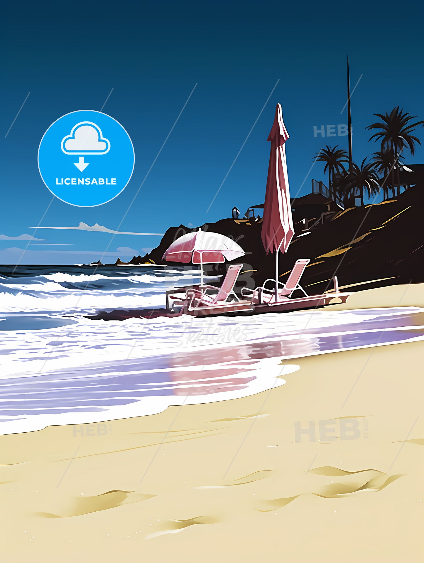 Beach With Chairs And Umbrellas