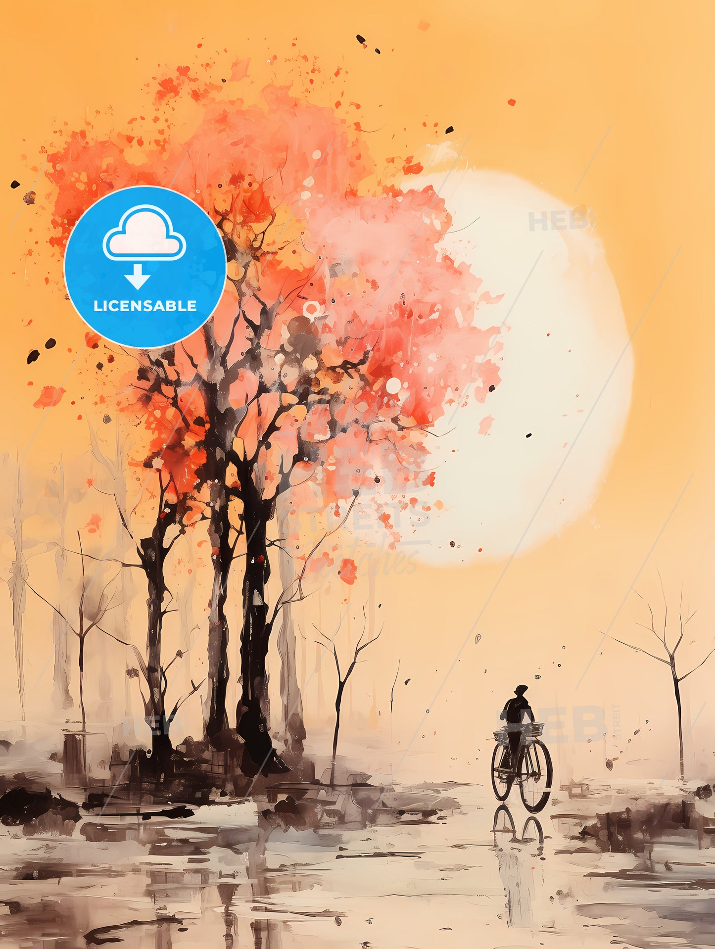 Painting Of A Person Riding A Bicycle Under A Tree