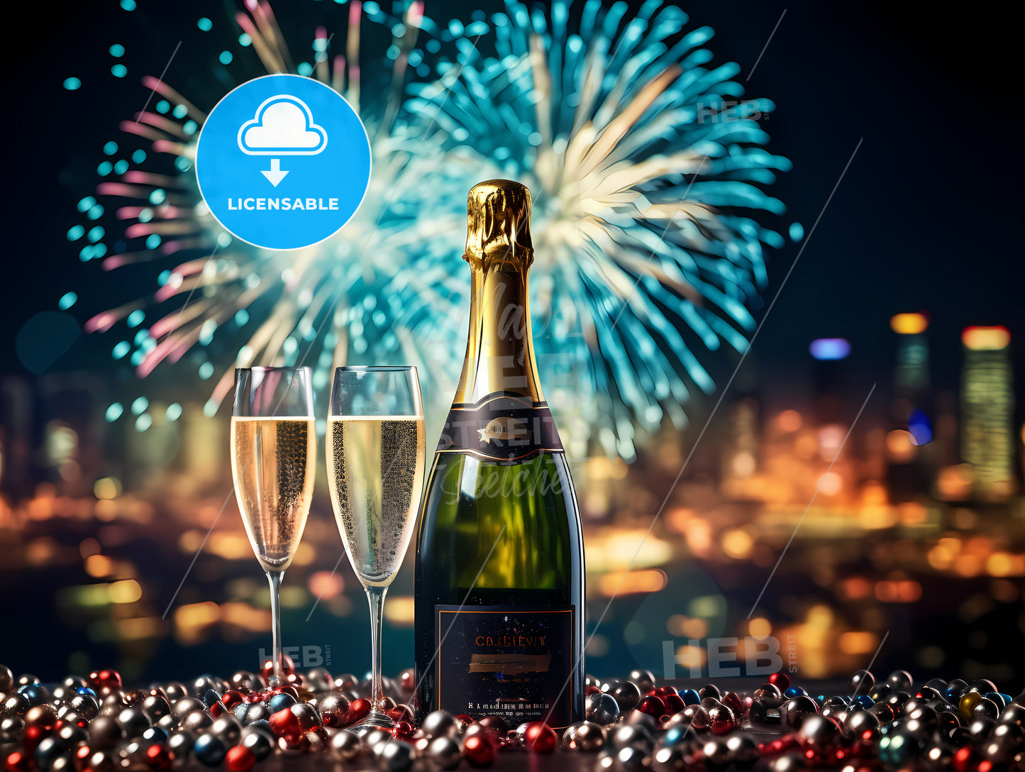 Bottle Of Champagne And Glasses With Fireworks In The Background