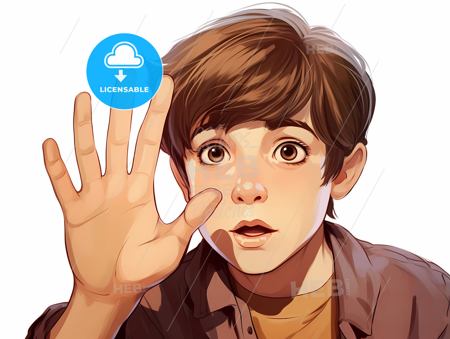 Boy With Brown Hair And Brown Eyes Holding Up His Hand