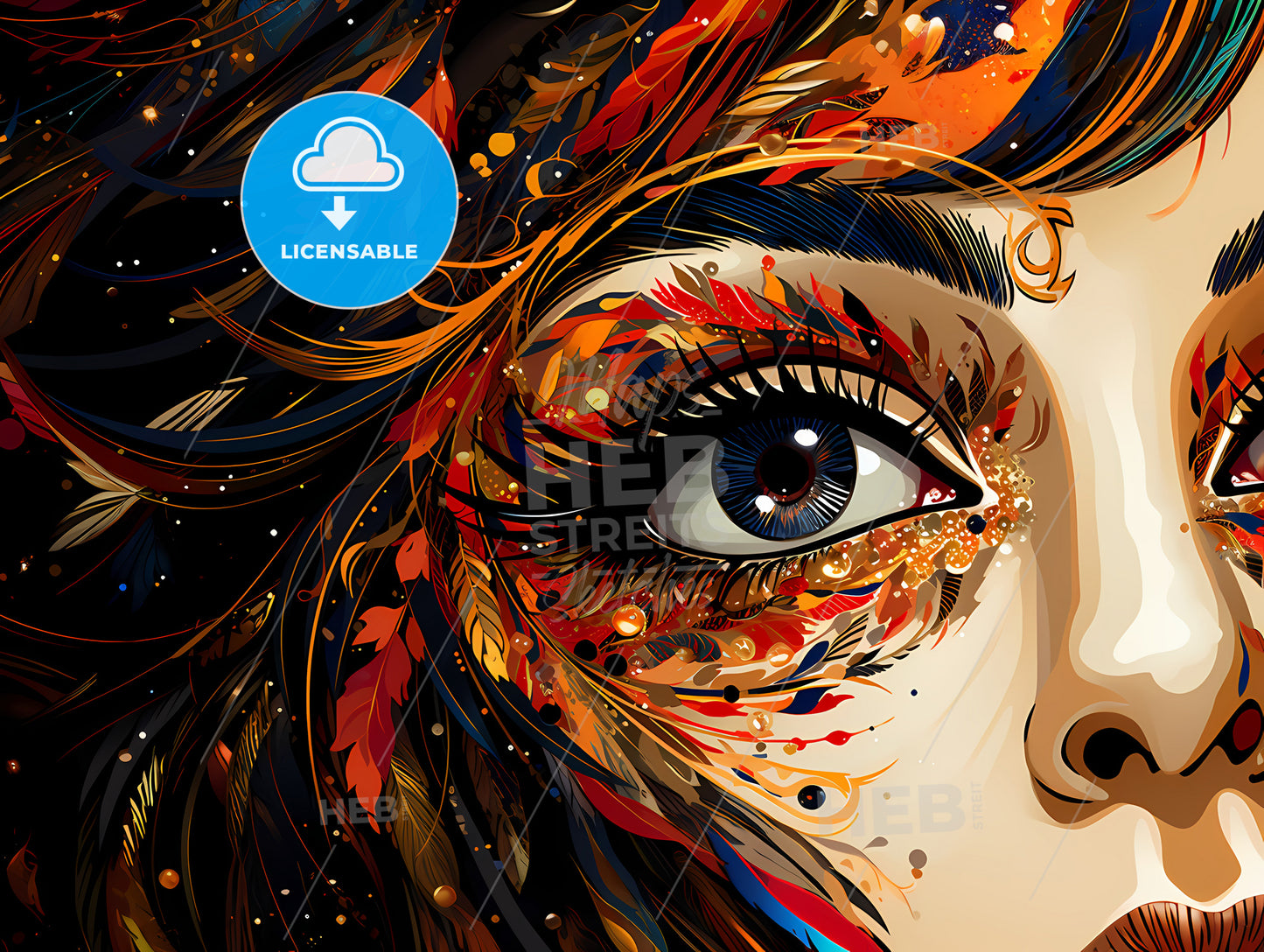 Womans Face With Colorful Feathers