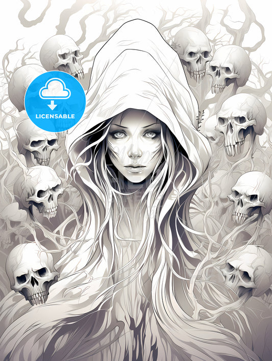 Woman With Long Hair And A Hood With Skulls Around Her
