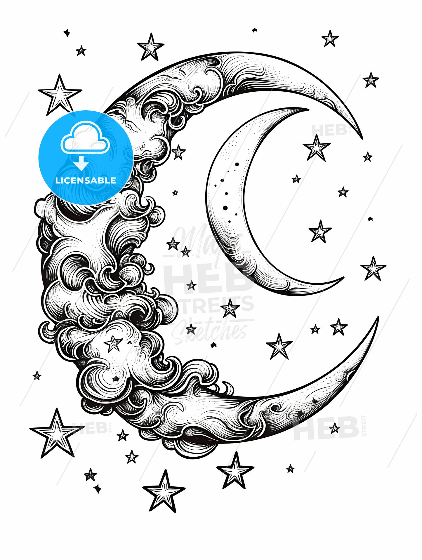 Moon With Clouds And Stars