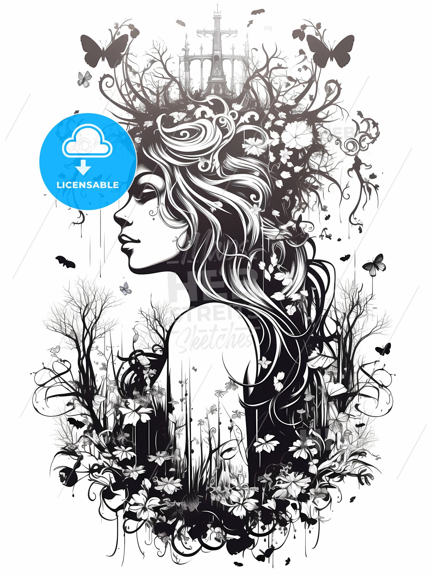 Woman With Long Hair And Flowers