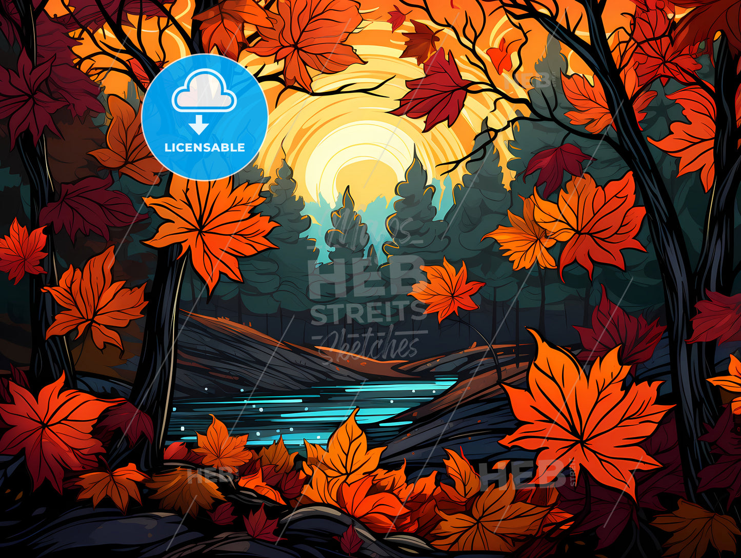 Colorful Autumn Landscape With Trees And A River