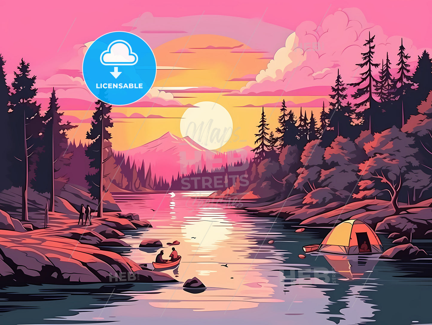 Colorful Landscape With A Lake And Trees And A Tent