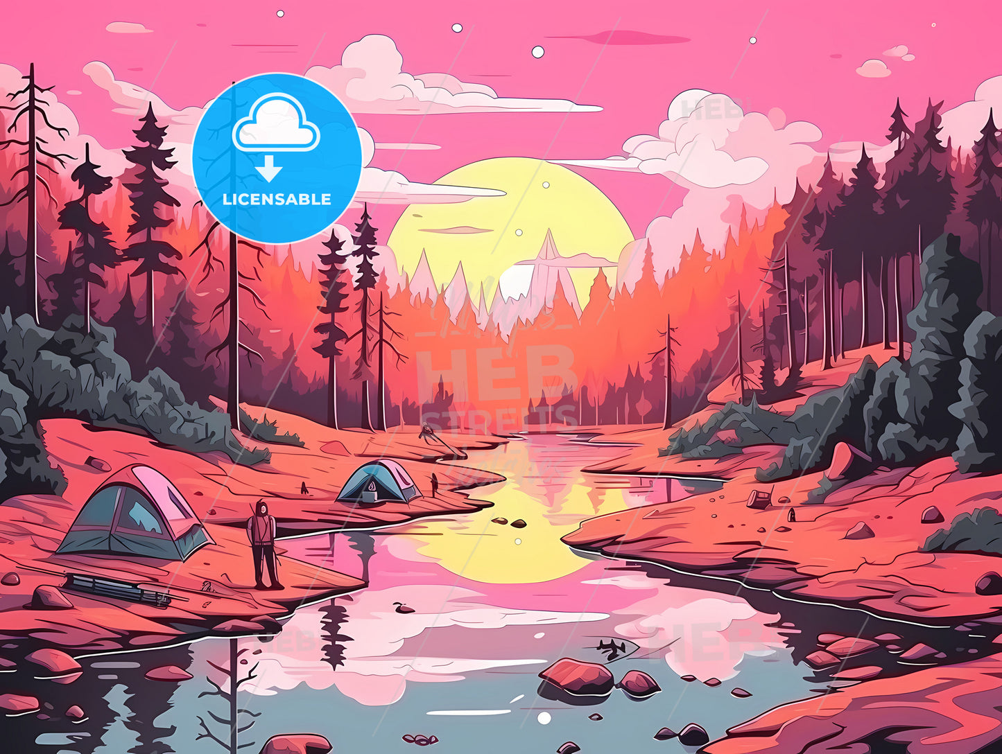 River With Tents And Trees In The Background