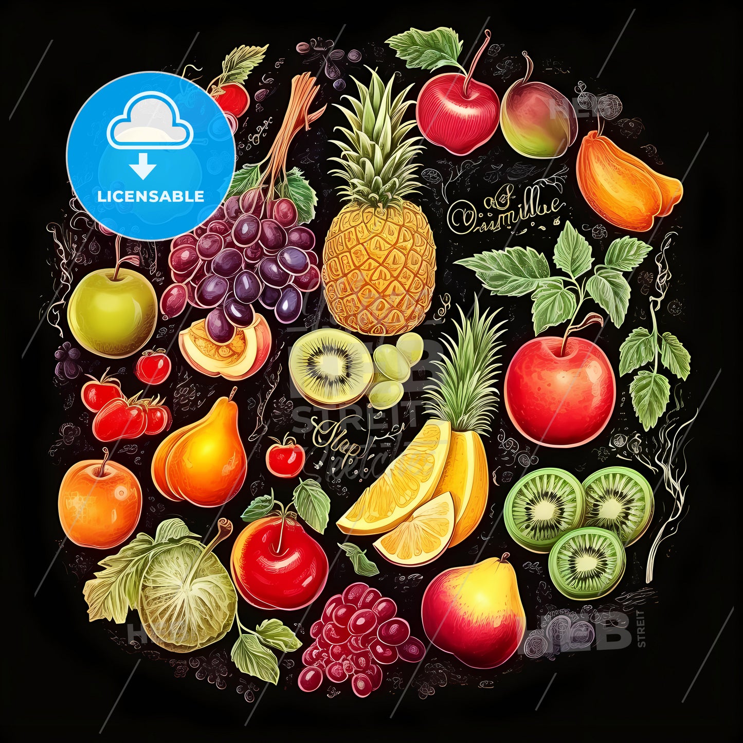 Group Of Fruits On A Black Background