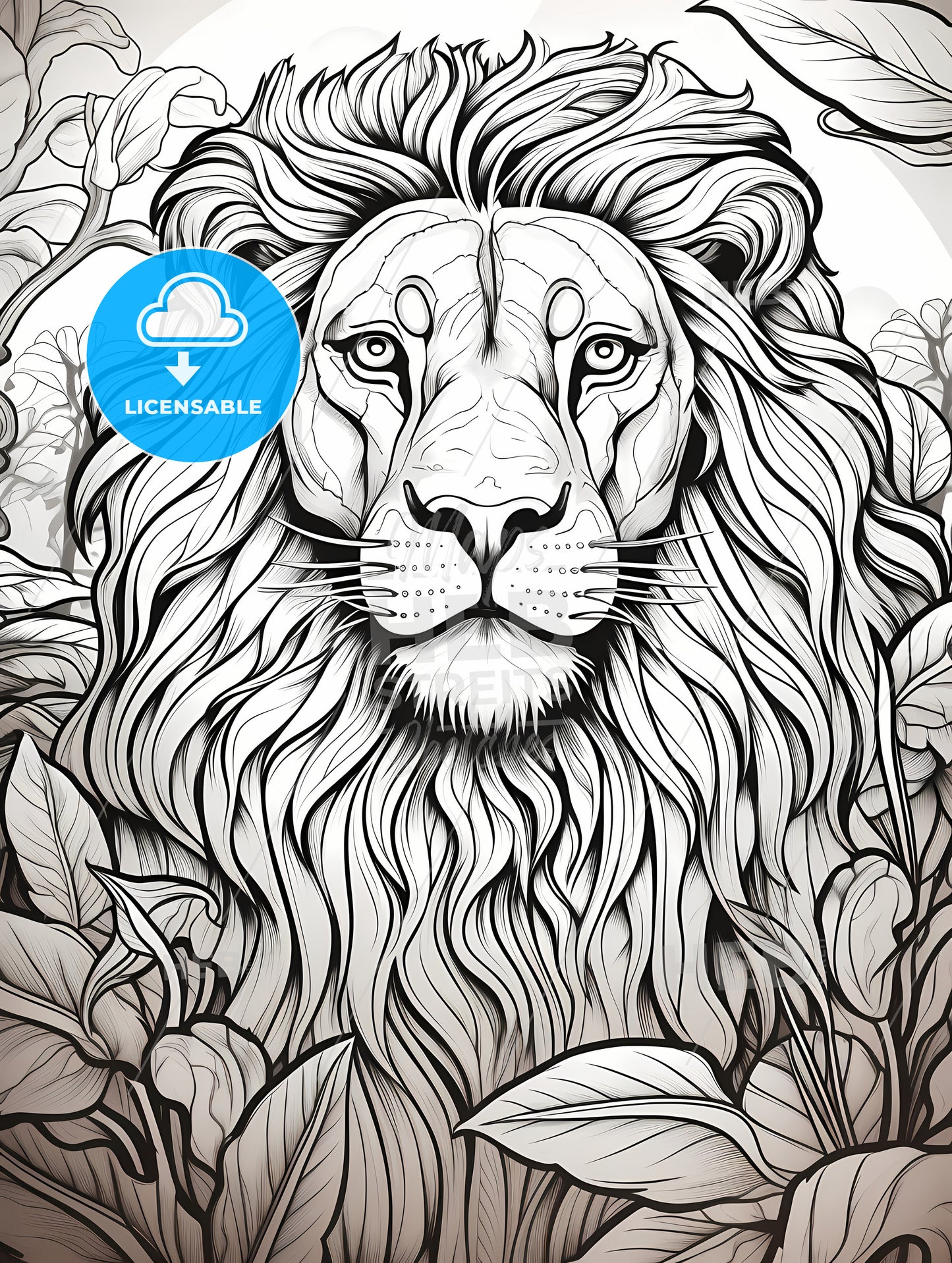 Lion With Long Mane And Leaves