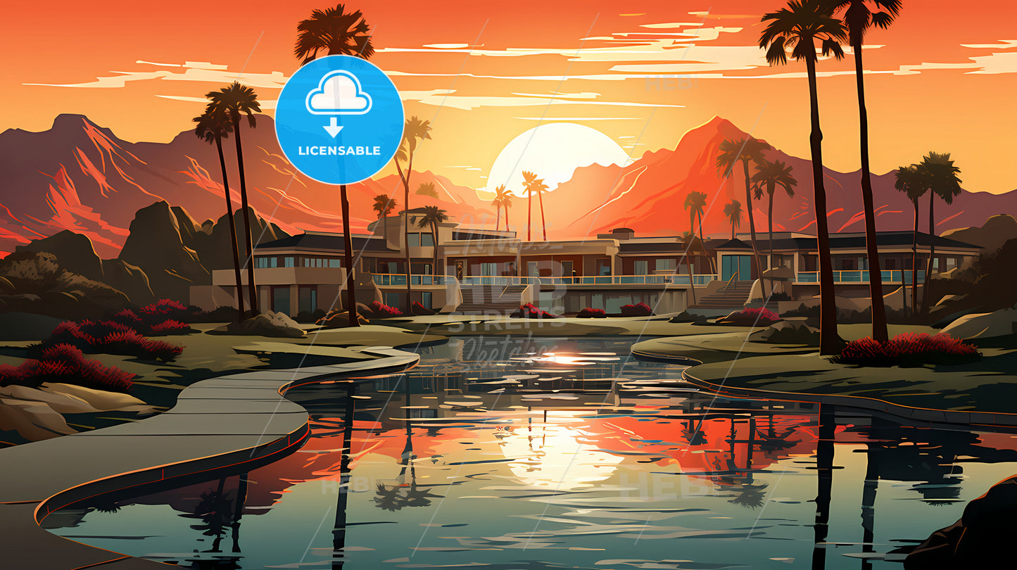 Body Of Water With Palm Trees And Buildings