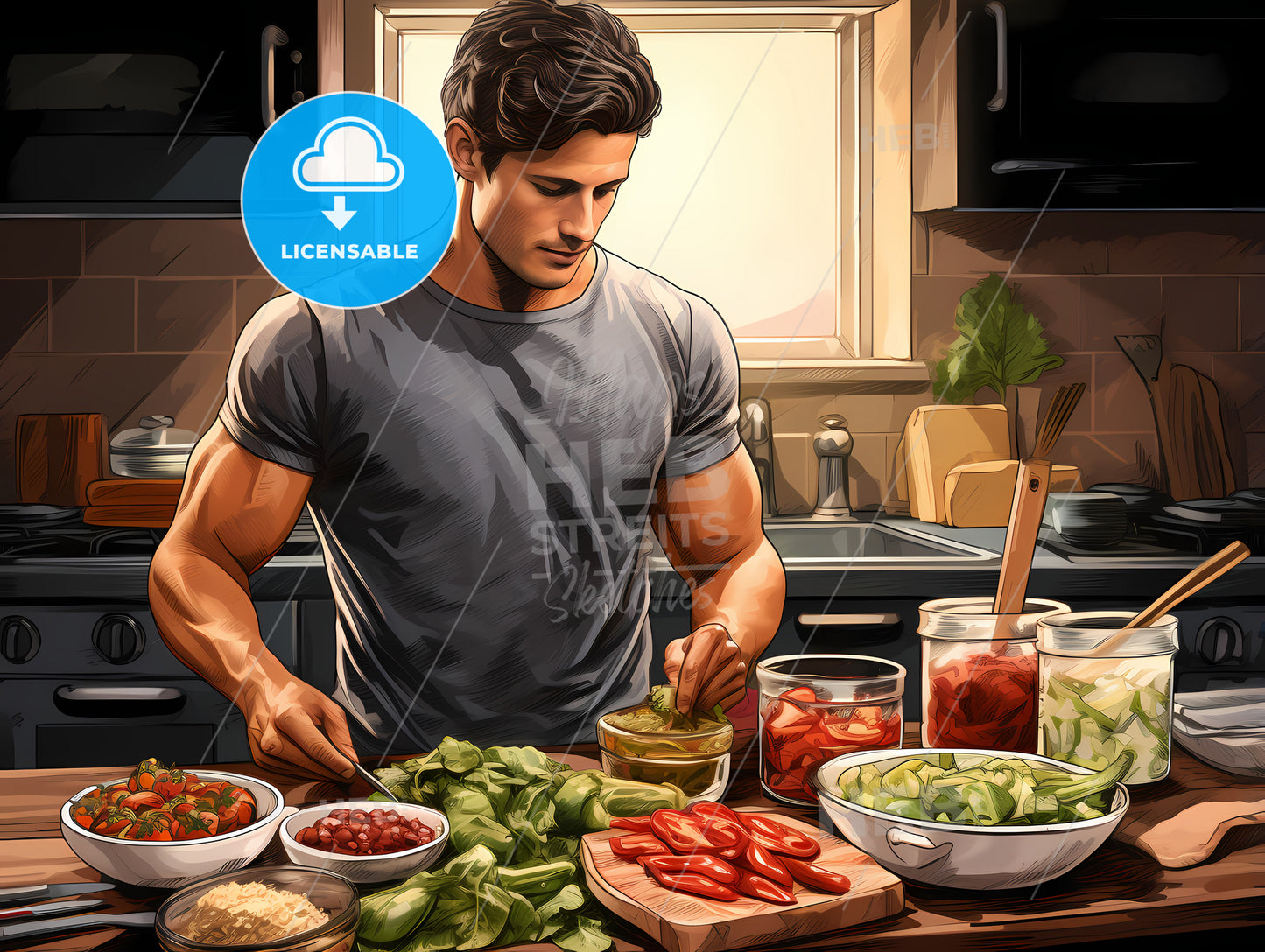 Man In A Kitchen Preparing Food