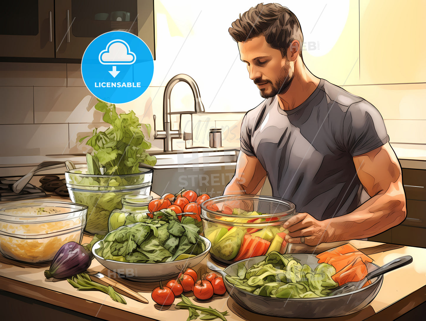 Man In A Kitchen With A Bowl Of Vegetables