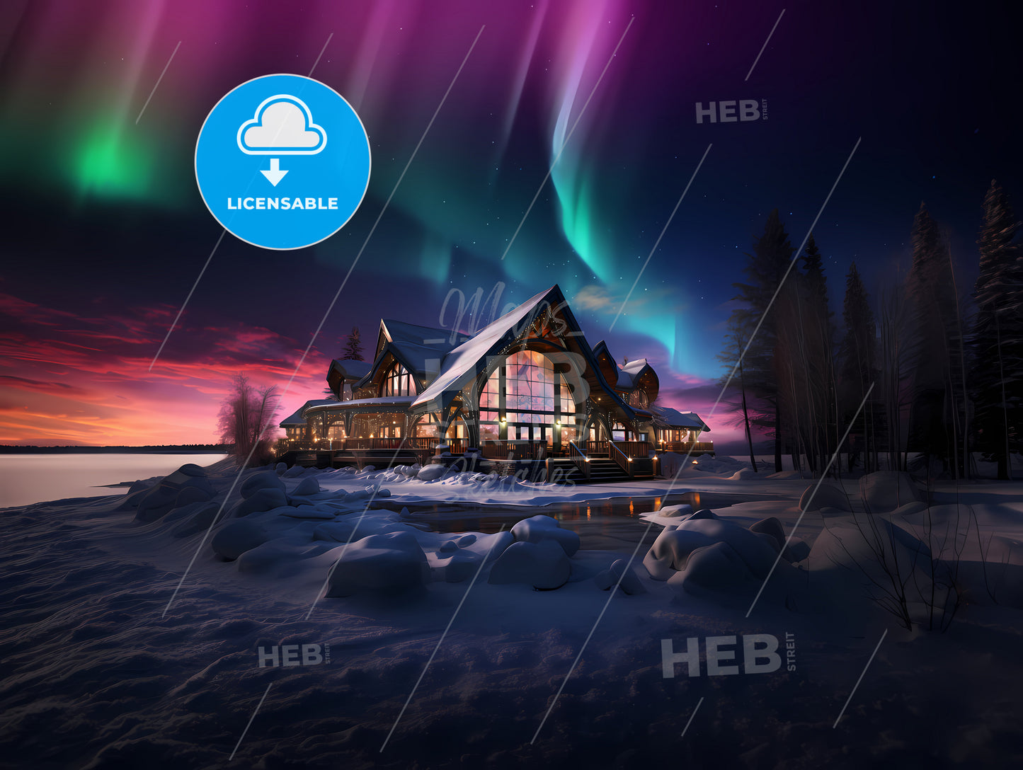 House With A Large Window And A Lake Surrounded By Snow