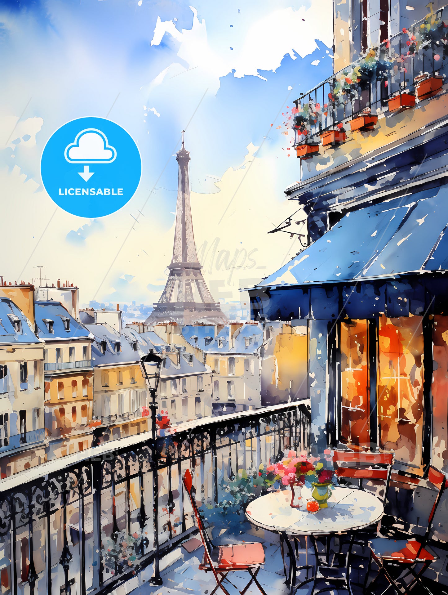 Watercolor Painting Of A Balcony With A Tower In The Background