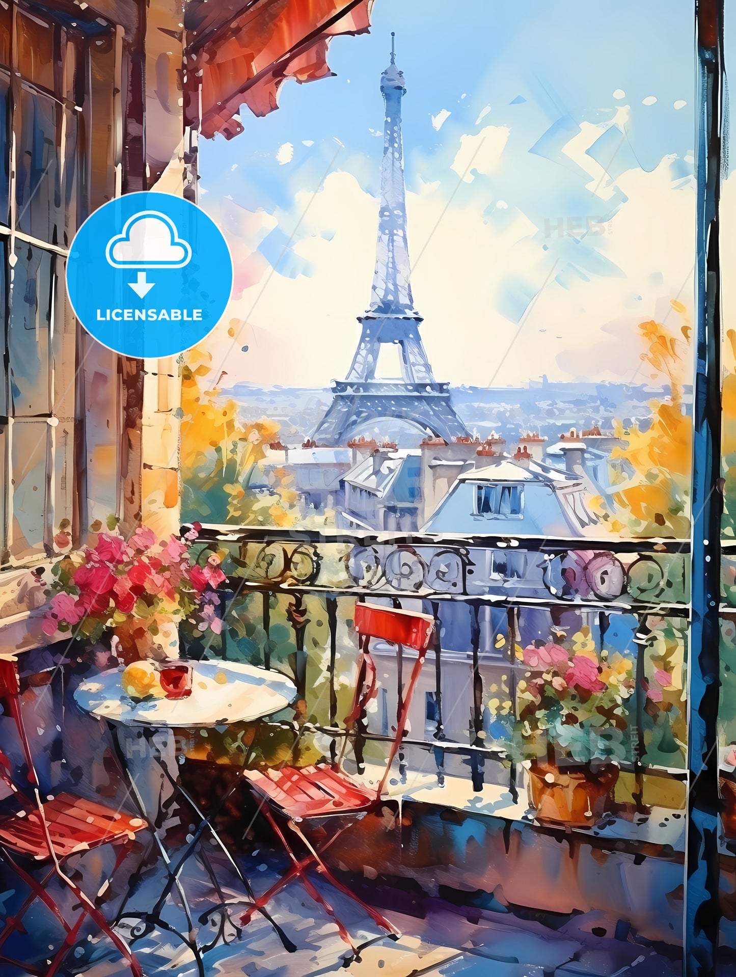 Watercolor Painting Of A Balcony With A Tower In The Background