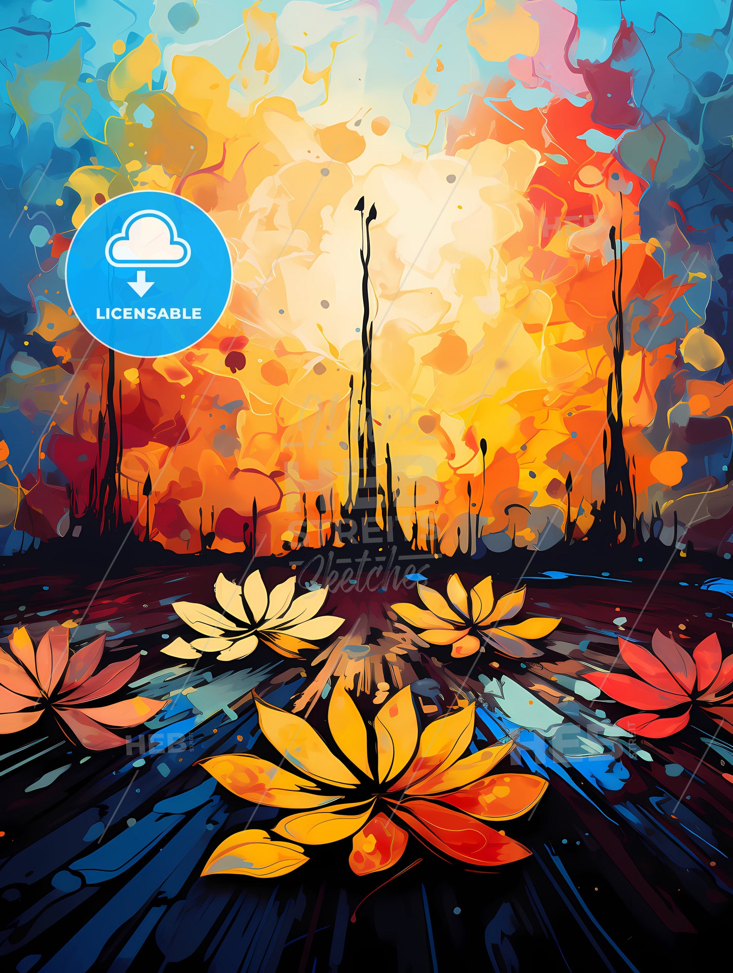 Painting Of Flowers In Front Of A Colorful Explosion